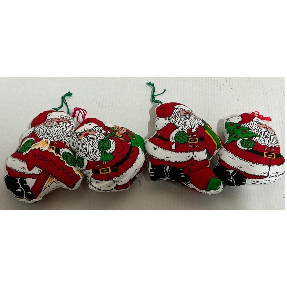 Vintage Santa Claus Stuffed Fabric Christmas Ornaments Set of 4 Red Green 4 Inch